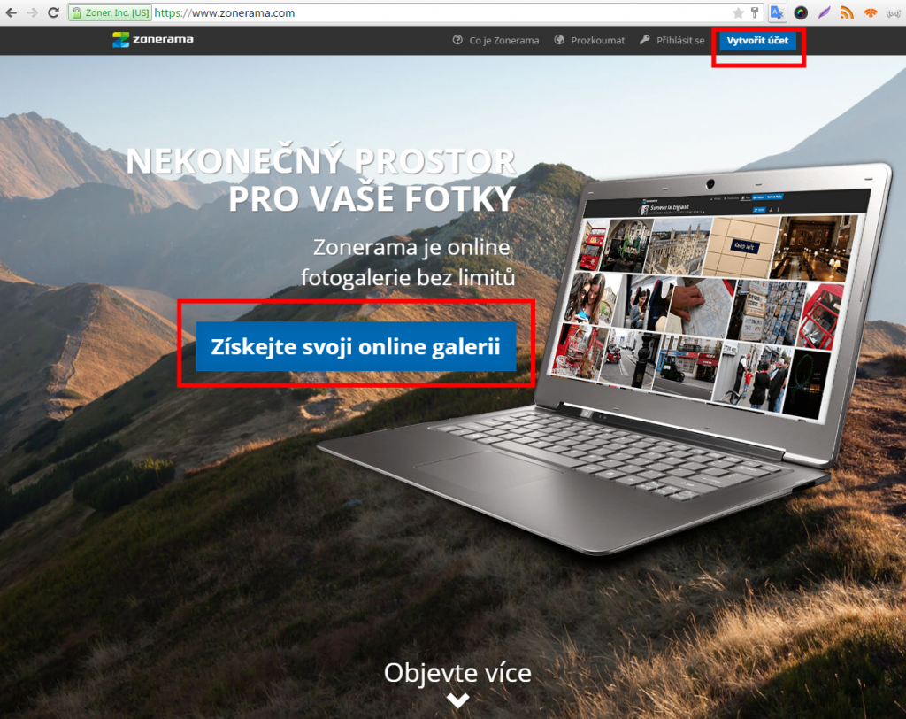 Jak založit vaši novou galerii? Klikněte na www.zonerama.com na tlačítko „Získejte svoji online galerii“ nebo „Vytvořit účet“.jpg