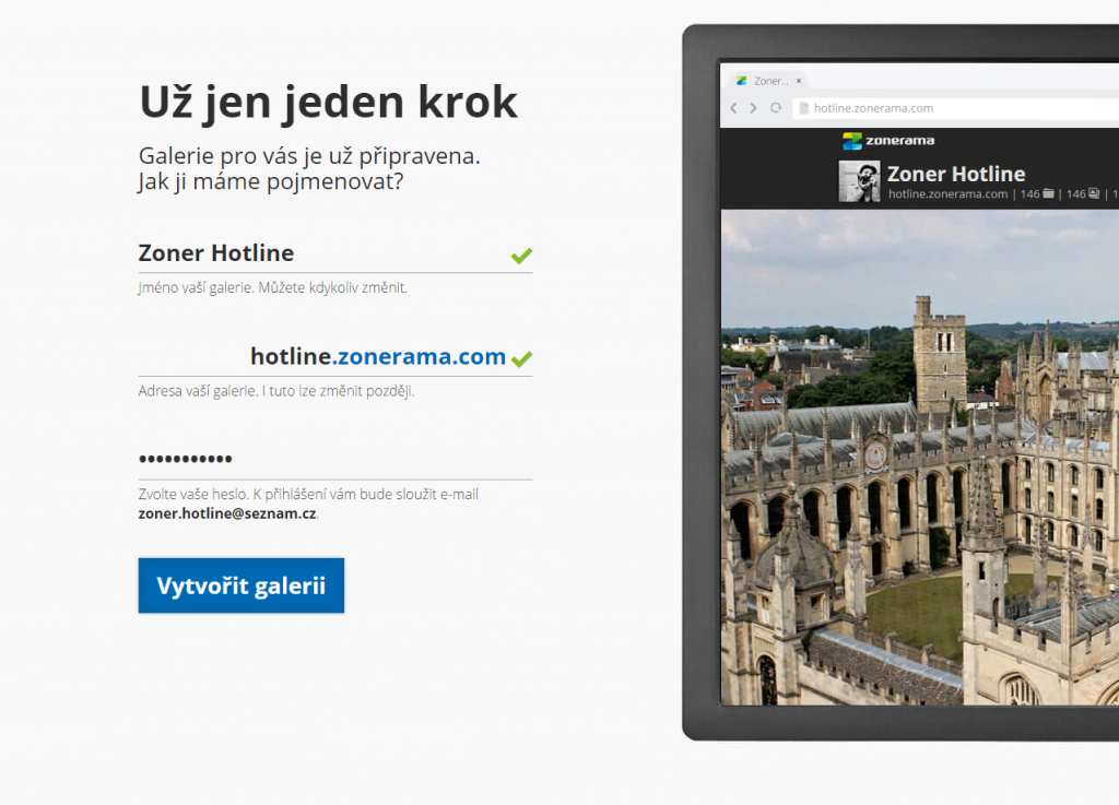 V e-mailové zprávě od nás po registraci e-mailu obdržíte odkaz, který vás přesměruje na tuto webovou stránku. Nastavíte si ze jméno a webovou adresu galerie.jpg