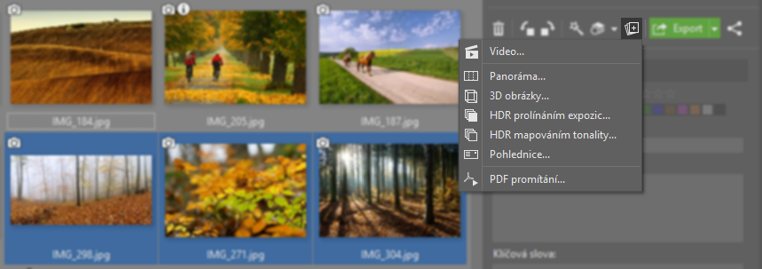 menu Vytvořit