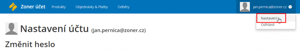 Do nastavení se dostanete po kliknutí na svůj e-mail v pravé horní části stránky.jpg
