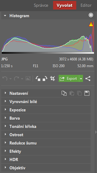 Všechna nastavení, na která jste zvyklí z RAW modulu, najdete v modulu Vyvolat. Kromě úprav RAW snímků v něm můžete nedestruktivně upravovat i další obrazové soubory.jpg