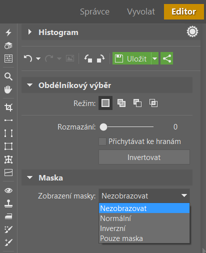 Čtyři možnosti zobrazení masky: Nezobrazovat, Normální, Inverzní a Pouze maska.jpg