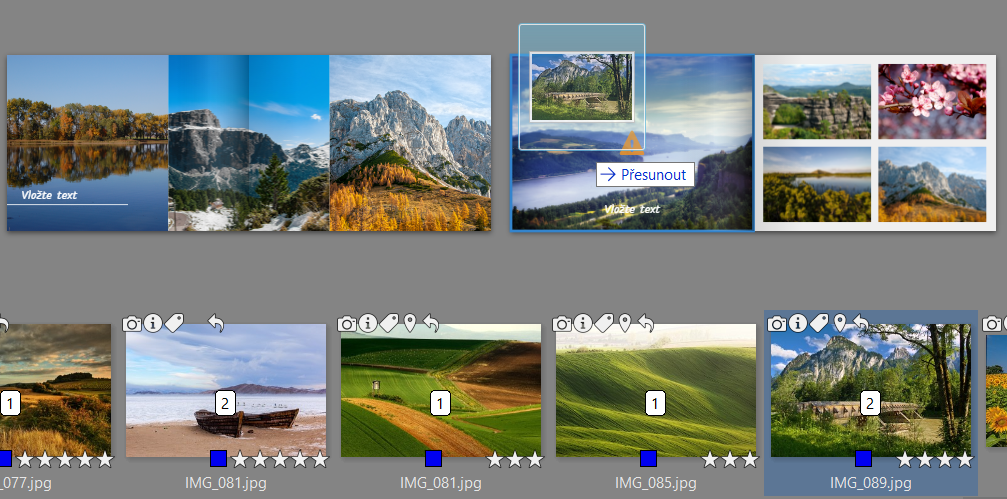 Snímky rozmístěte jednoduchým tažením myši. Ve spodním řádku také vidíte na fotografiích číslovku, která označuje, kolikrát už jste konkrétní snímek ve fotoknize použili.jpg