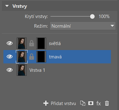 Masky jsou aplikované na vrstvách, nyní jsou provedené úpravy ještě neaktivní.