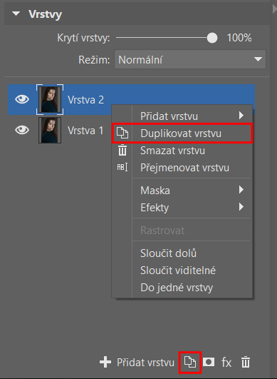 Základní vrstvu zduplikujte přes kontextové menu nebo pomocí ikonky pro duplikování vrstev.