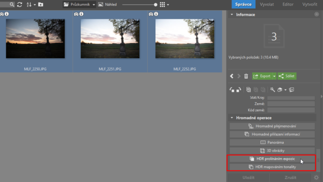 HDR fotografie: výběr funkce pro vytvoření HDR snímku.
