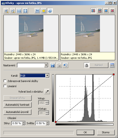 Zleva i zprava jsou nulové nebo velice malé hodnoty, a proto můžeme histogram roztáhnout, aniž bychom přišli o některé zásadní obrazové informace.jpg