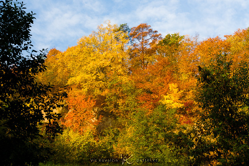 Někdy se otevře výhled na protější kopec, který je na podzim krásně zbarvený. Canon 40D, Sigma 18-50 mm F2,8, 1/60 s, F8,0, ISO 200, ohnisko 40 mm.