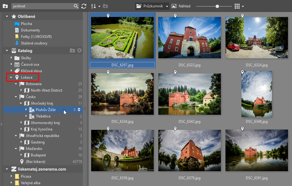 Pokud používáte katalog, můžete se na své snímky podívat prostřednictvím stromu jednotlivých lokalit.jpg