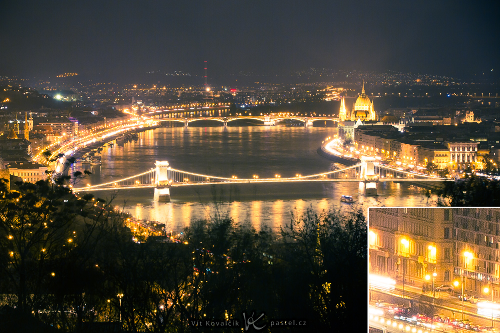 Noční Budapešť zachycená fotoaparátem na stativu. Vpravo dole detail v zobrazení 1:1 pro ukázku ostrosti. Silný šum je zde kvůli výraznému zpracování na PC a zesvětlení stínů. Canon 5D Mark III, Canon EF 70-200/2.8 IS II, 1,6 s, F5,6, ISO 200, ohnisko 90 mm