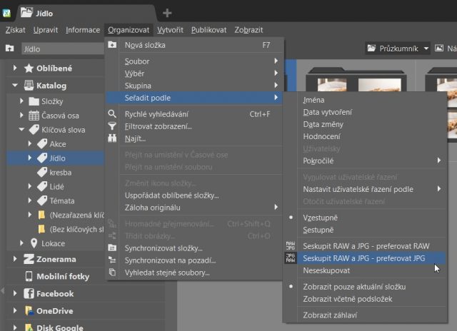 Organizace fotografií: seskupení RAW a JPG.