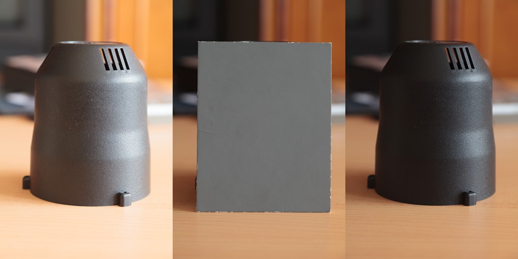 Tmavý objekt, měření expozice celoplošné se zdůrazněným středem. Vlevo exponováno podle objektu (přeexponováno o 2EV), vpravo exponováno podle šedé tabulky (je věrně zachycena černá barva objektu)