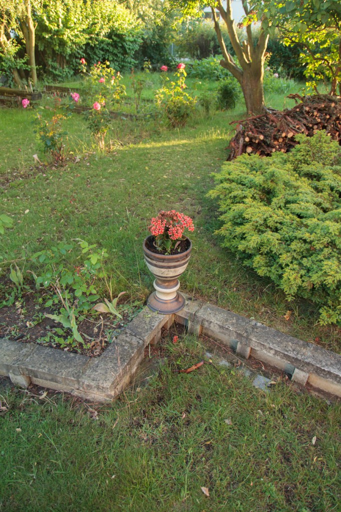 Canon EOS 5D MkII, EF 24-105/4.0, 1/80 s, f/4, ISO 400, ohnisko 24 mm Klasický začátečnický „výcvak“. Na fotografii je zachycena zahrada, uprostřed snímku je květináč s kytkou. Fotografie není o zahradě, horní část zahrady je necitelně uříznutá, spodní polovina fotografie obsahuje množství nezajímavé a nicneříkající zelené plochy. Fotografie není ani o květině v květináči, protože květina zabírá pouze jednotky procent obrazové plochy. 