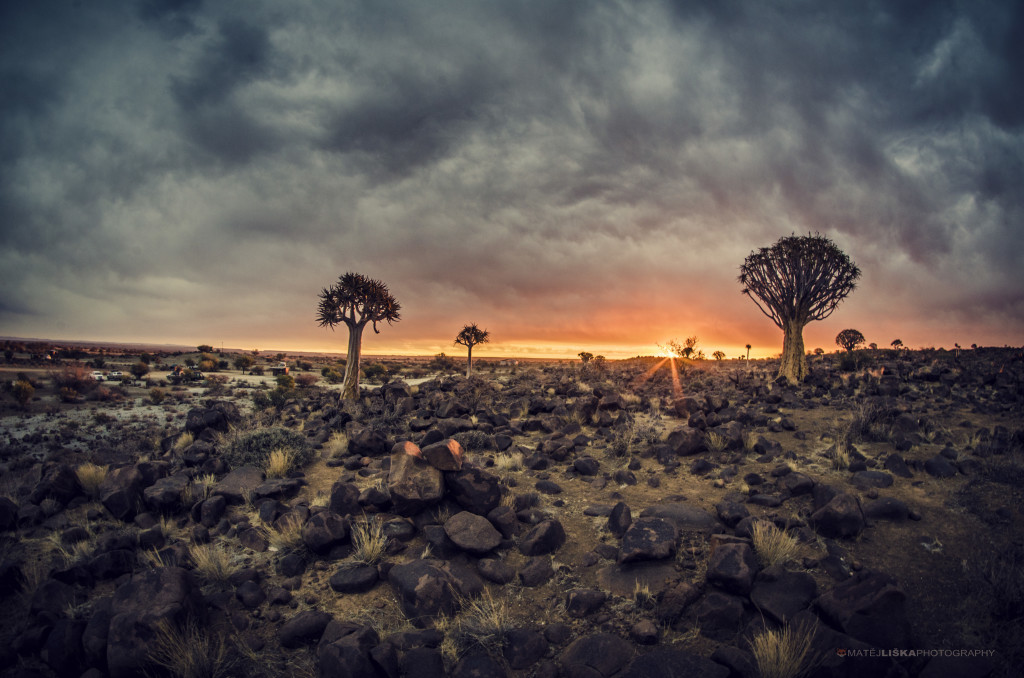 Západ v Quiver Tree Forest – Namibie. Nikon D7000, Samyang 8mm 