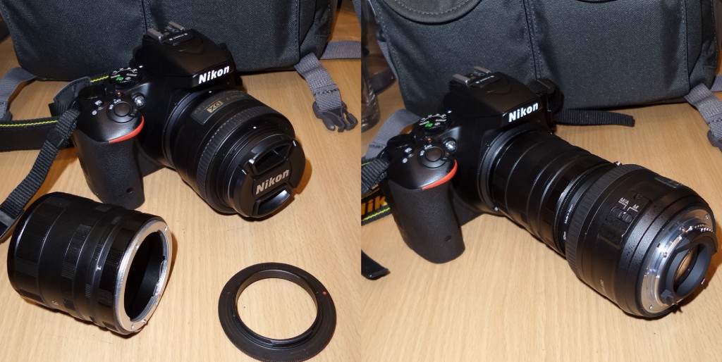 Sestavení fotoaparátu pomocí reverzního kroužku a sady mezikroužků. Nikon D5500, Nikkor 35mm, 1/60 s, ISO 1200 