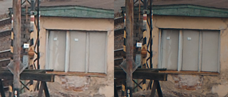Vlevo 1:1 výřez středu z fotografie objektivem Canon EF 70-200 f/2.8 II, který byl dvojnásobně zvětšen. Vpravo výřez z fotografie stejným objektivem s přidaným dvounásobným telekonvertorem bez zvětšování.jpg
