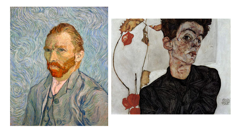 Autoportréty slavných malířů. Vlevo Vincent van Gogh, vpravo Egon Schiele. Zdroj: Wikimedia Commons