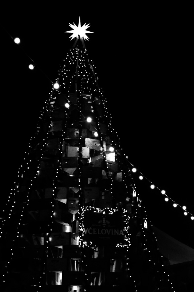 Vánoční strom na Moravském náměstí v Brně. Nikon D3300, AF-S NIKKOR 18-55 mm 1:3.5-5.6 G II, 1/160 s, f/4.8, ISO 800, ohnisko 36 mm