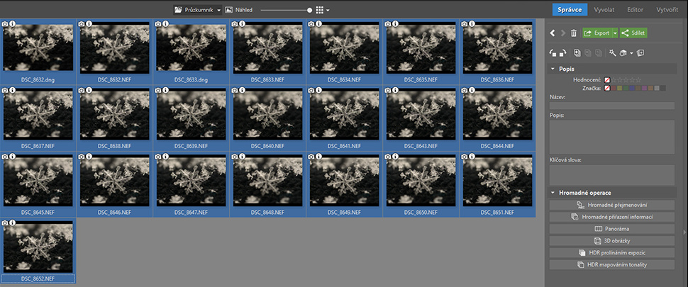 Na screenshotu je možné vidět všech 22 nasnímaných snímků připravených k editaci.jpg