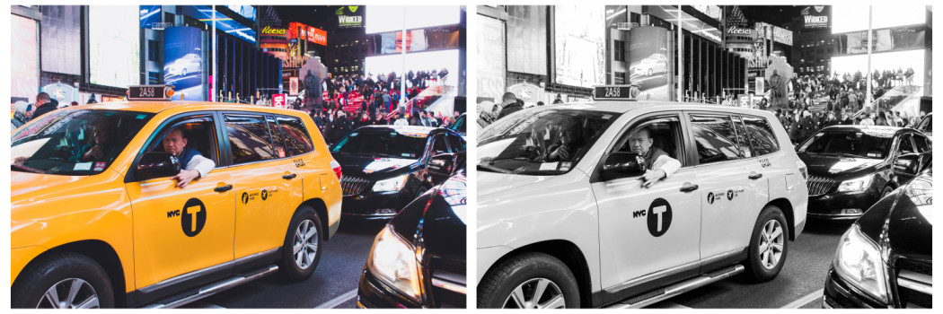 Ústředním tématem snímku je barevnost místa a hlavním motivem či objektem je pak typicky žlutý newyorský taxík. Při převedení do černobílé ztratíme to hlavní, co se fotka snaží zachytit – že večerní New York je pestré místo s hustým provozem, z něhož vyčnívá žlutá barva místní taxi služby. V tomto případě je lepší fotku ponechat barevnou. Canon EOS 100D, EF-S 24 mm f/2.8 STM, 1/80 s, f/4, ISO 800, ohnisko 24 mm