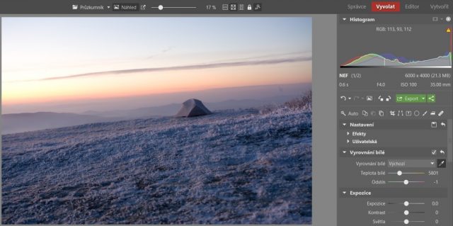 Zimní krajina a typické úpravy: vyvážení bílé v Zoner Photo Studiu.