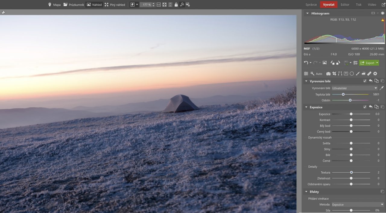 Zimní krajina a typické úpravy: úprava fotky v Zoner Photo Studiu.