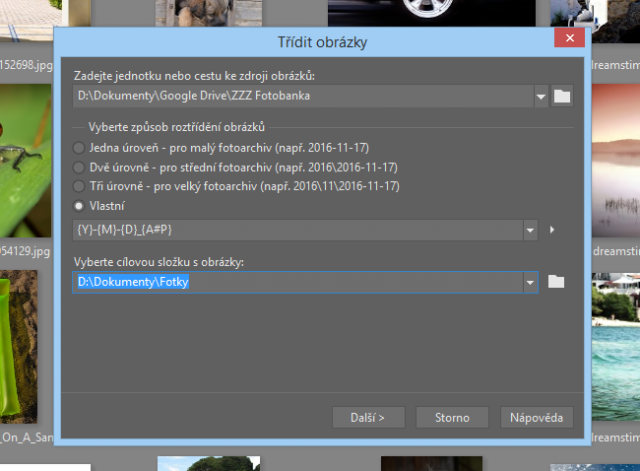 Organizace fotek z fotobank: funkce třídit obrázky v Zoner Photo Studiu.