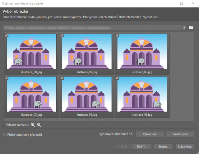 Možnosti retuše v ZPS X: výběr obrázků pro skládání multiexpozic.