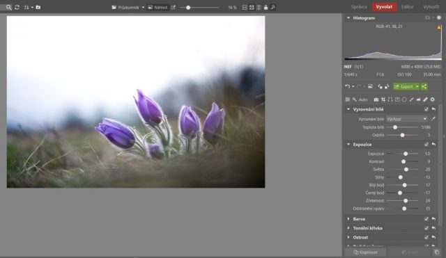 Fotografie upravená pomocí posuvníku Expozice
