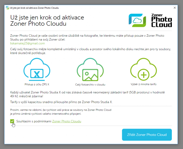Zálohování fotek do cloudu: aktivace Zoner Photo Cloudu.
