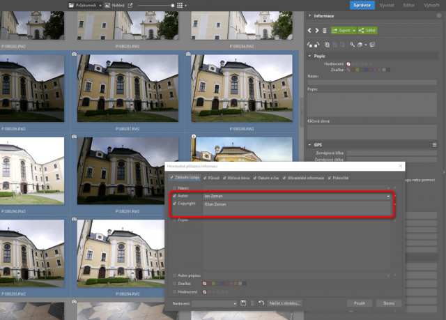 EXIF a další metadata: vložení metadat ke snímkům.