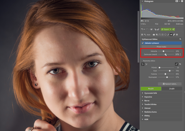 Retuš portrétů: nastavení parametrů Vyhlazovacího štětce.