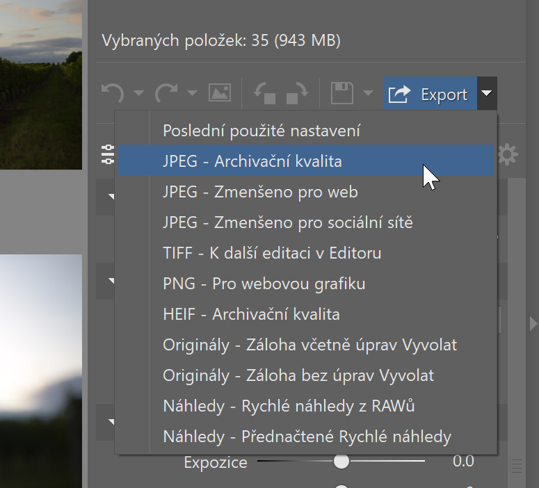 Vylepšený Export - panel