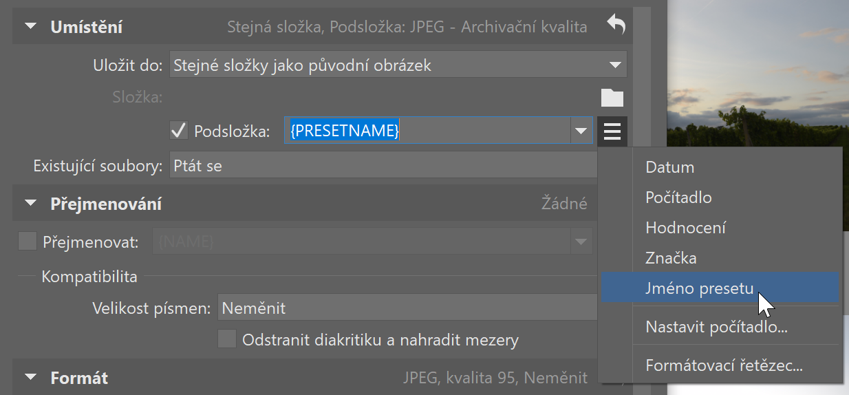 Vylepšený Export - umístění