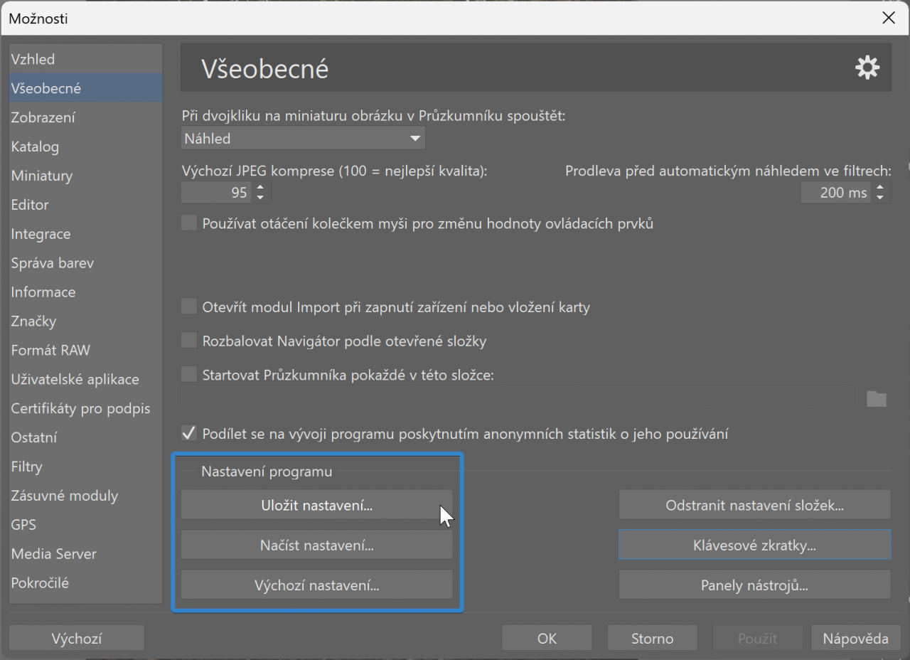 úprava Zoner Photo Studia, uložit nastavení,