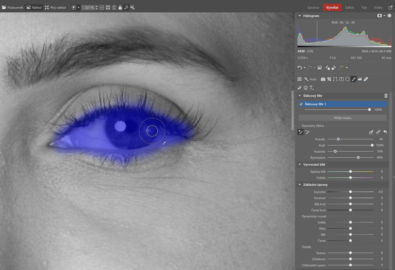 Upravujte portrét, štětcový filtr, výběr očí
