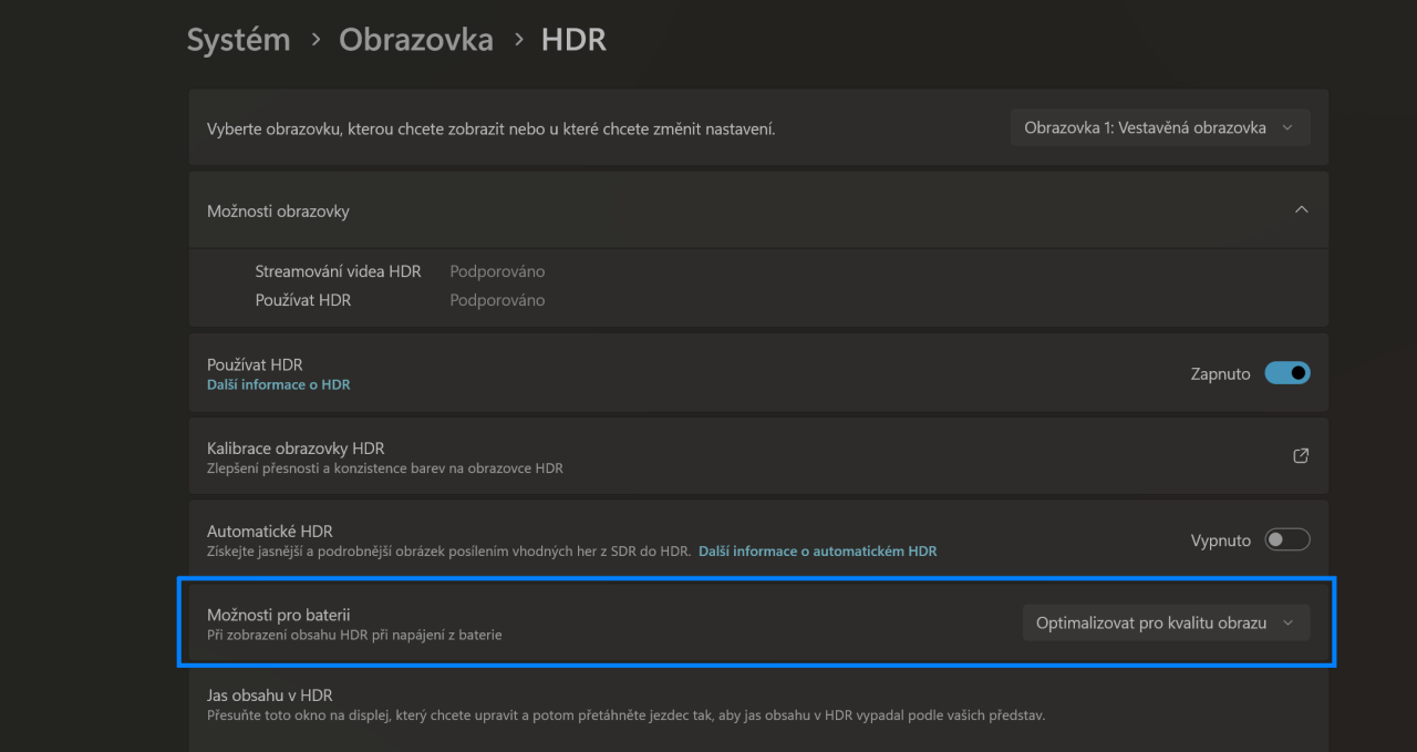 nastavit HDR v PC a ZPS X, optimalizovat pro kvalitu obrazu, notebooku