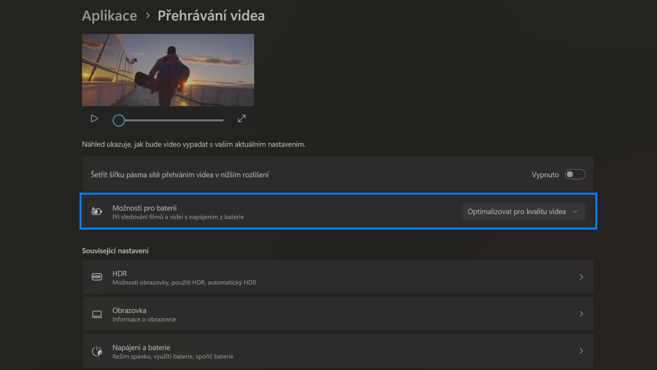 nastavit HDR v PC a ZPS X, optimalizovat pro kvalitu videa, notebook