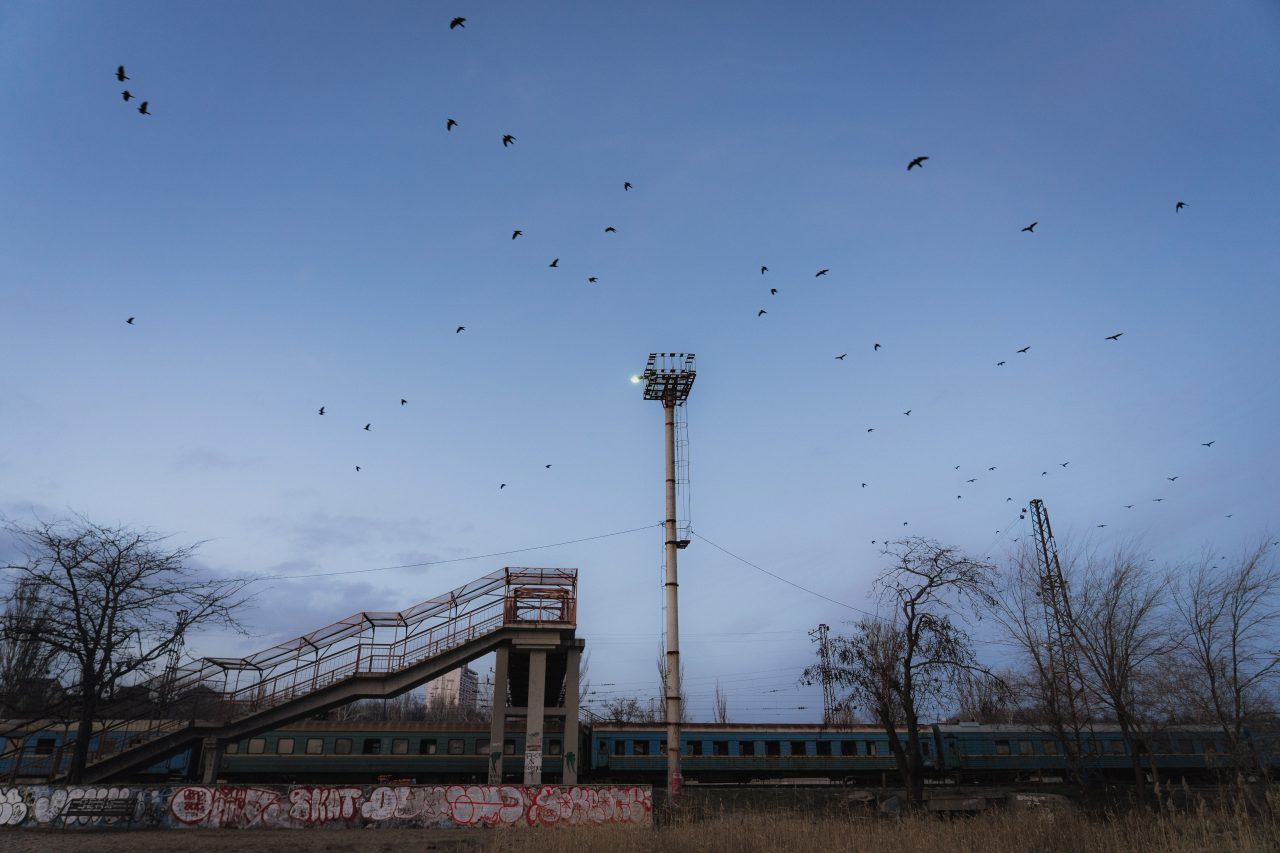 vlak, modré nebe se spoustou ptáků, Ukrajina