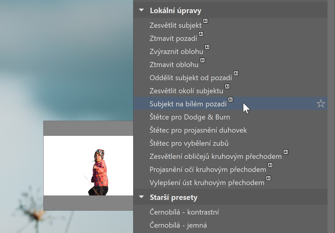 AI nástroje k úpravě fotek v Zoneru – AI odstranění pozadí